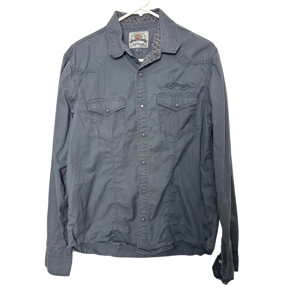 Ed Hardy Shirt Mens M Gray Western‎ Snap Front Embroidered Logo Y2K Grunge Cyber
